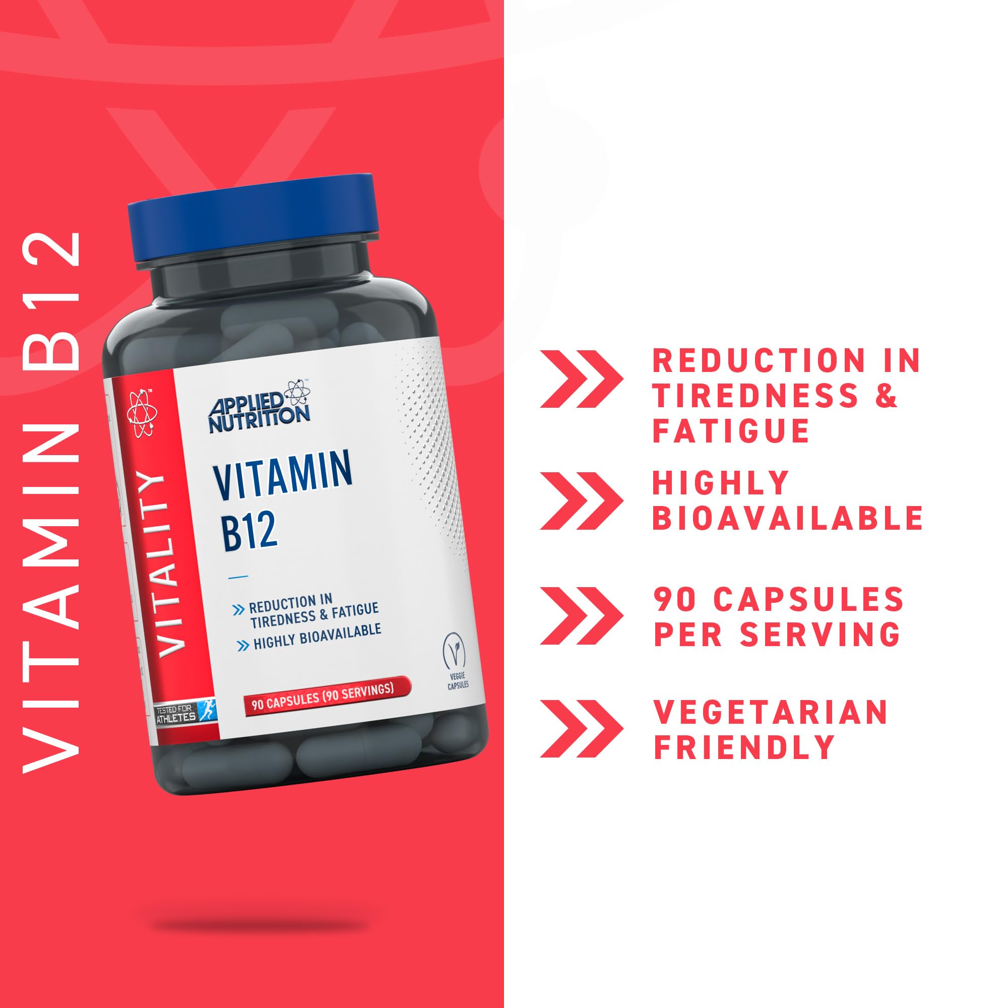Bottle of Applied Nutrition VITALITY B12 capsules supporting energy and nutrition vitamin b12