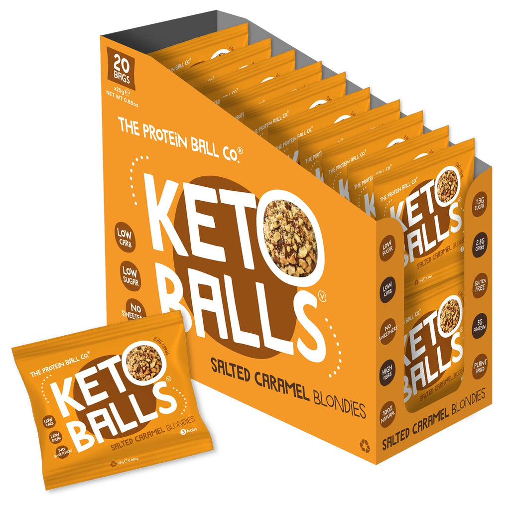 Display of Keto Balls salted caramel blondies with a protein ball pouch in front