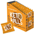 Display of Keto Balls salted caramel blondies with a protein ball pouch in front