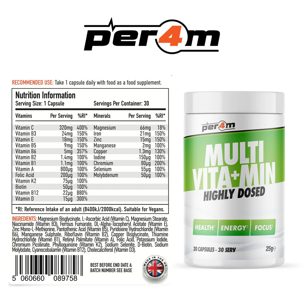 Per4m Multi-Vitamins bottle with nutrition info label for immune health and mental clarity