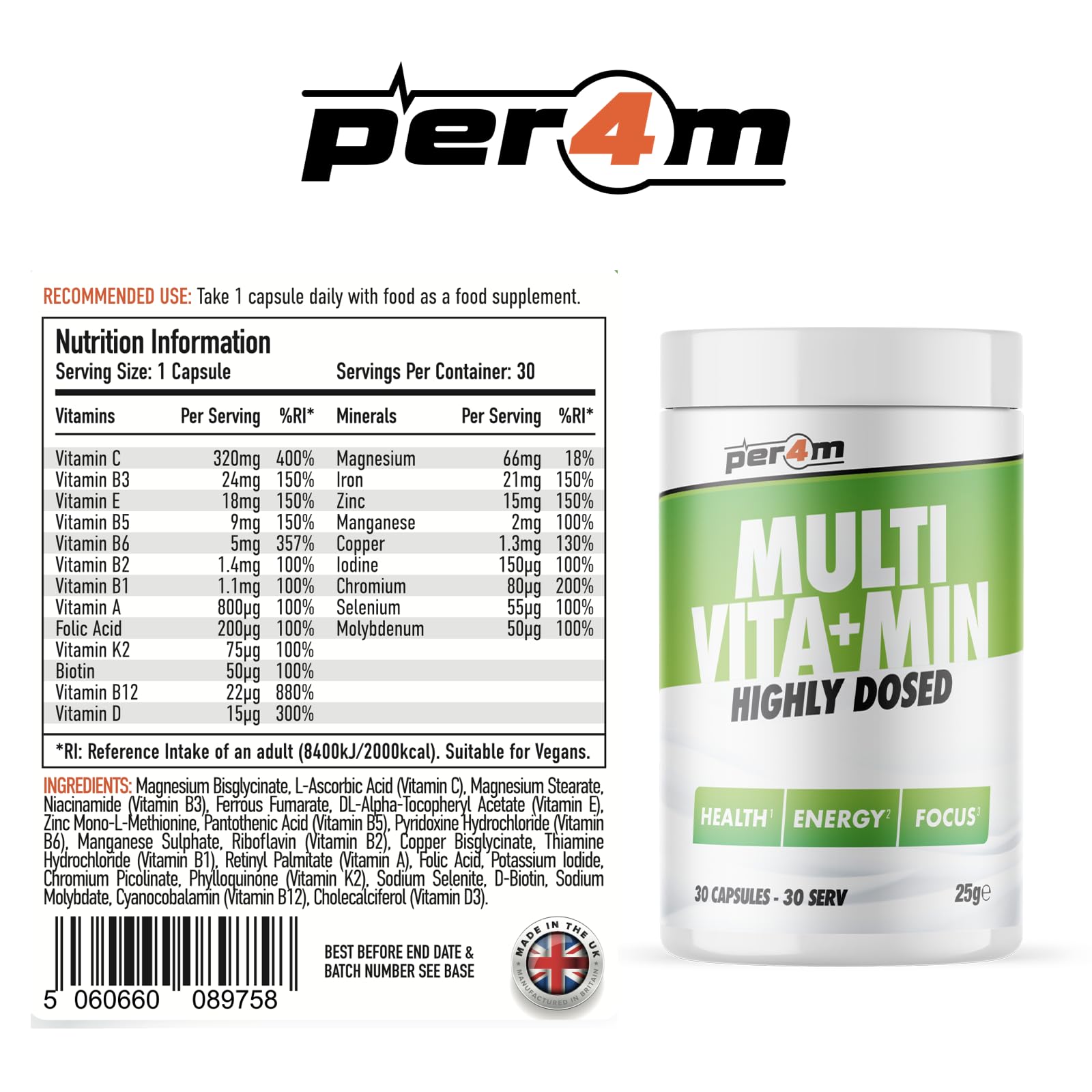 Per4m Multi-Vitamins bottle with nutrition info label for immune health and mental clarity