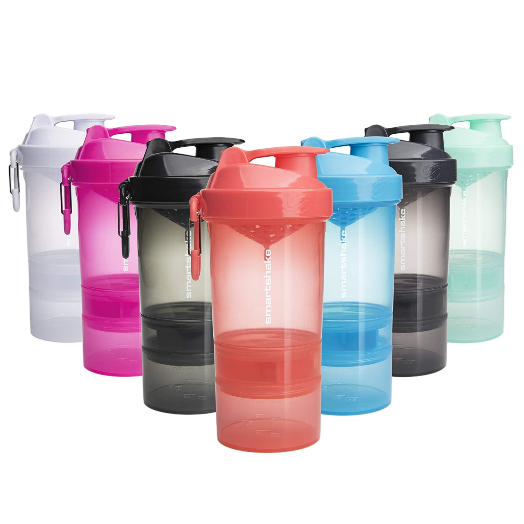Set of colorful shaker bottles on a white background