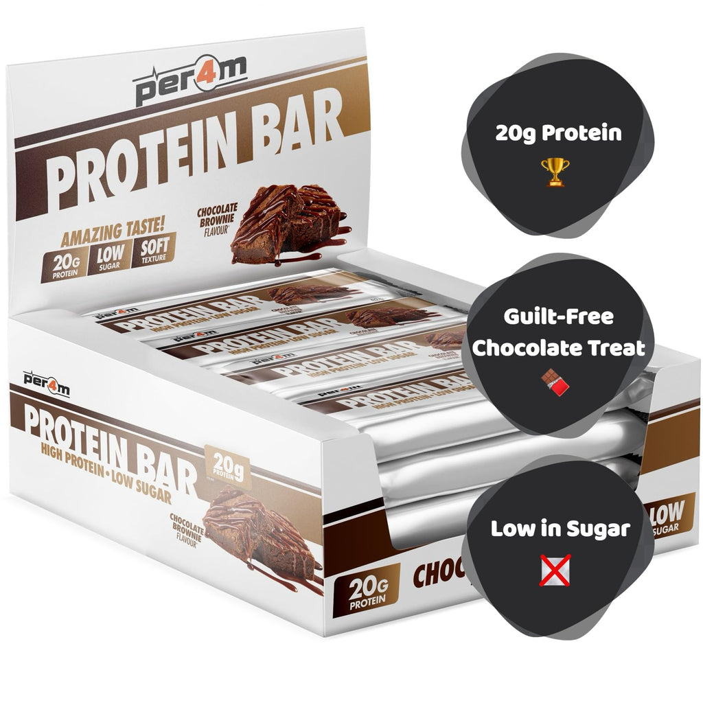 Display of Per4m Protein Bar chocolate brownie flavor protein bars for a tasty snack