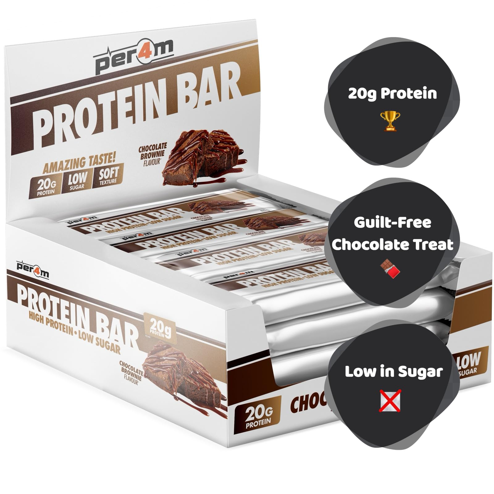 Display of Per4m Protein Bar chocolate brownie flavor protein bars for a tasty snack