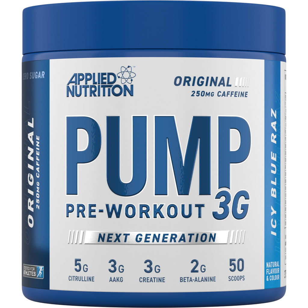 Blue Applied Nutrition Pump 3G supplement container for enhanced workout energy