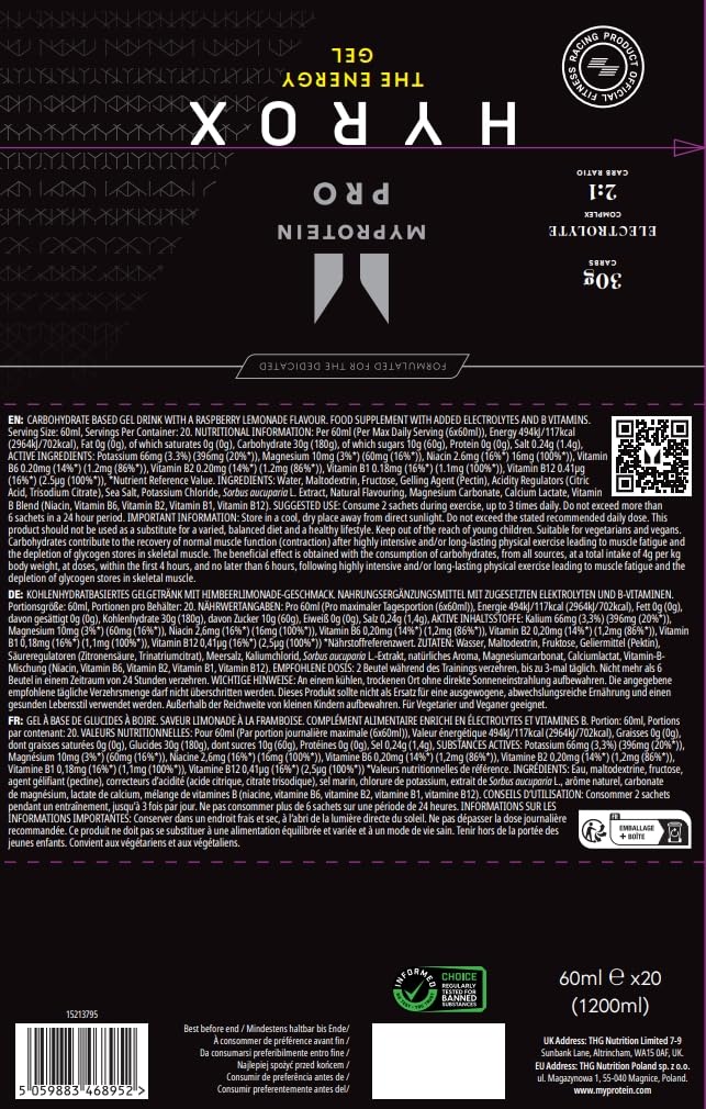 MyProtein THE Energy Gel (HYROX Edition) - 20 x 70g / Raspberry Lemonade - Electrolyte Replacements