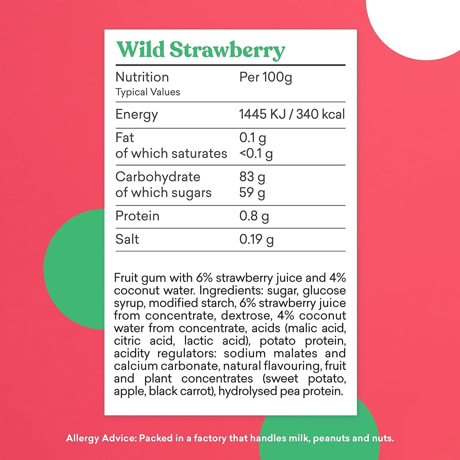 Nutritional info for Wild Strawberry fruit gum in Candy Kittens 10x140g Wanderlust pack