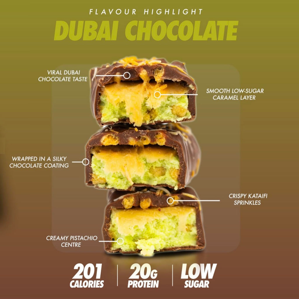 Per4m Protein Bar with cross-sectioned Dubai chocolate, pistachio, and caramel layers