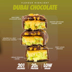 Per4m Protein Bar with cross-sectioned Dubai chocolate, pistachio, and caramel layers