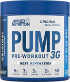 Blue container of Applied Nutrition Pump pre-workout supplement for energy and performance