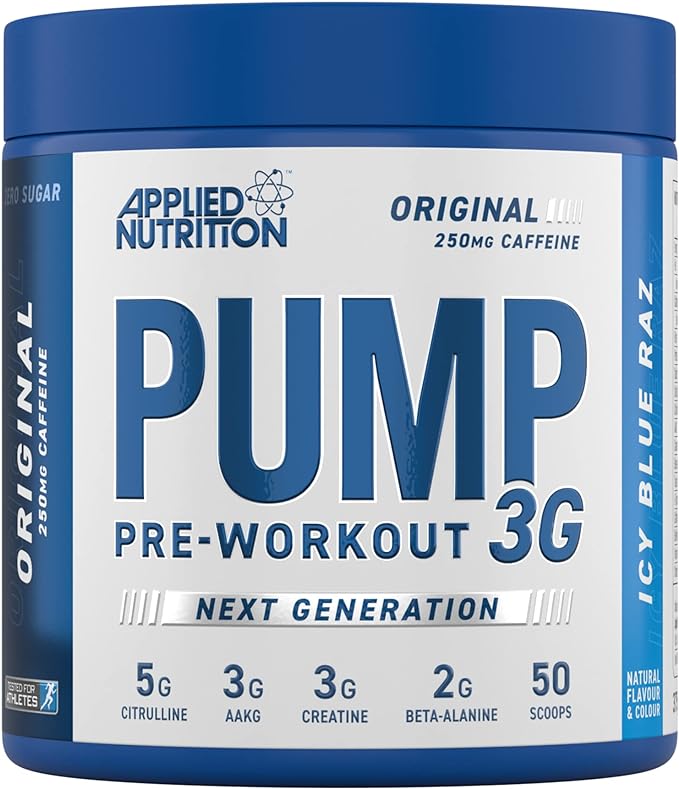Blue container of Applied Nutrition Pump pre-workout supplement for energy and performance