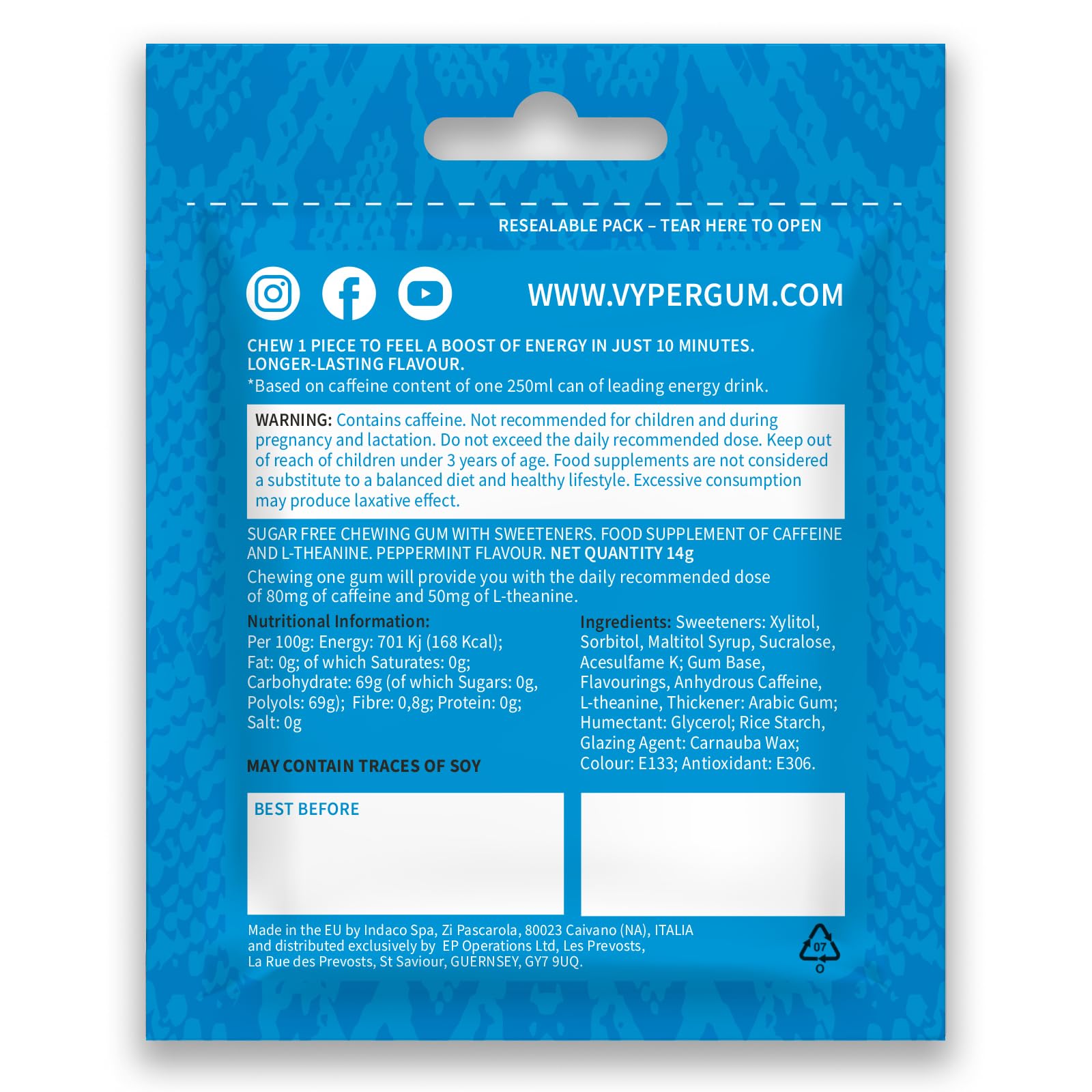 VYPER Caffeine Gum - 12x14g / Peppermint - Caffeine Chewing Gum