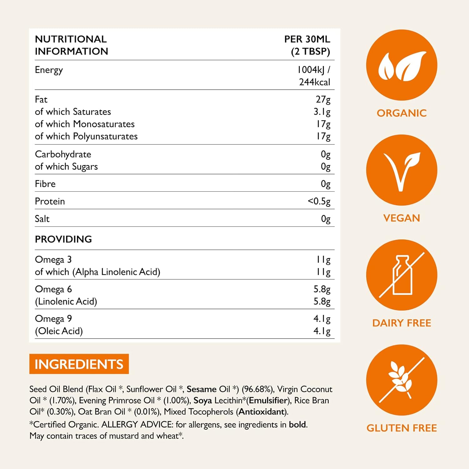 Nutritional info label for Udo’s Choice Ultimate Oil Blend Organic with essential fatty acids