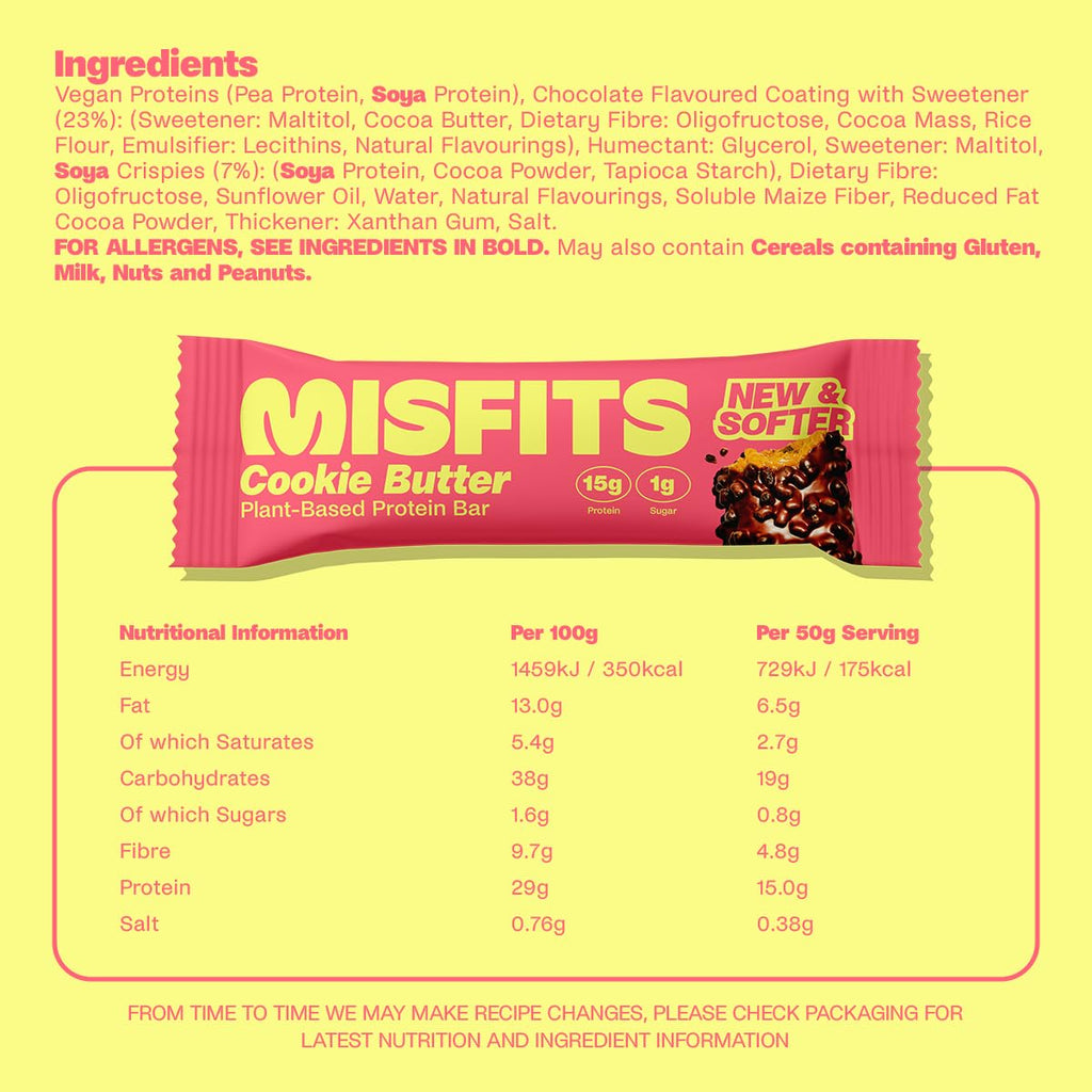 Misfits Plant-Based Protein Bar with cookie butter flavor, 15g protein, 1g sugar