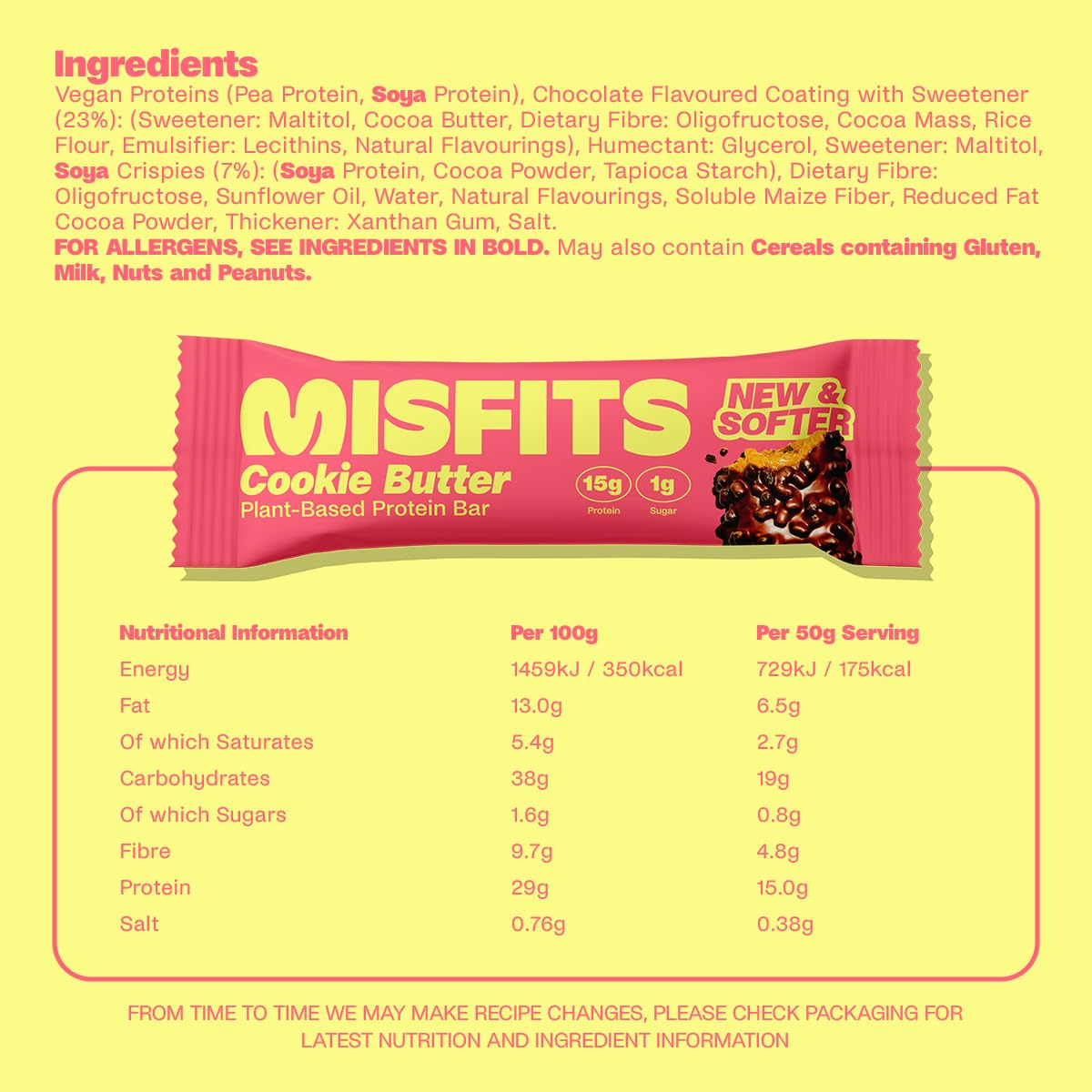 Misfits Plant-Based Protein Bar with cookie butter flavor, 15g protein, 1g sugar