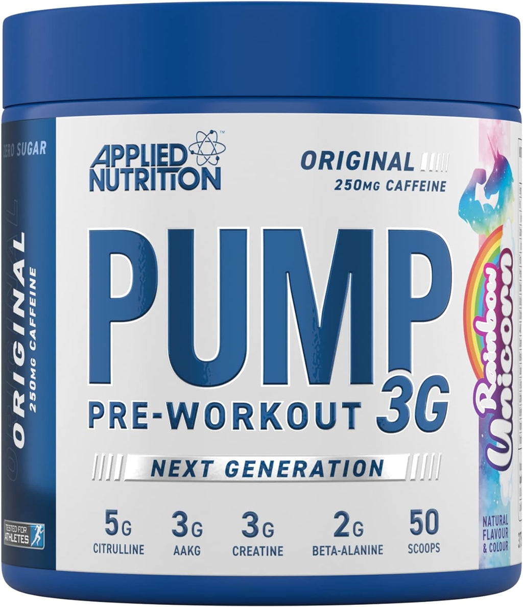 Blue and white Applied Nutrition Pump 3G pre-workout supplement for energy boost