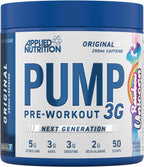 Blue and white Applied Nutrition Pump 3G pre-workout supplement for energy boost