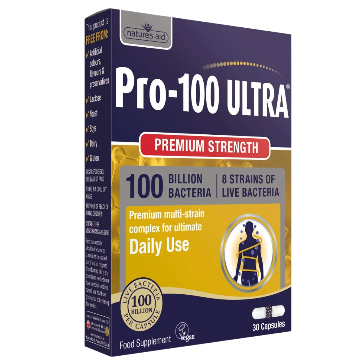 Box of Natures Aid Pro-100 Ultra probiotic supplements with billion live cultures