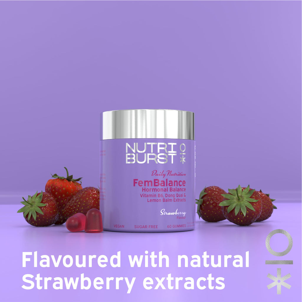 Purple NutriBurst Fembalance container with strawberry FemBalance gummies for hormonal balance