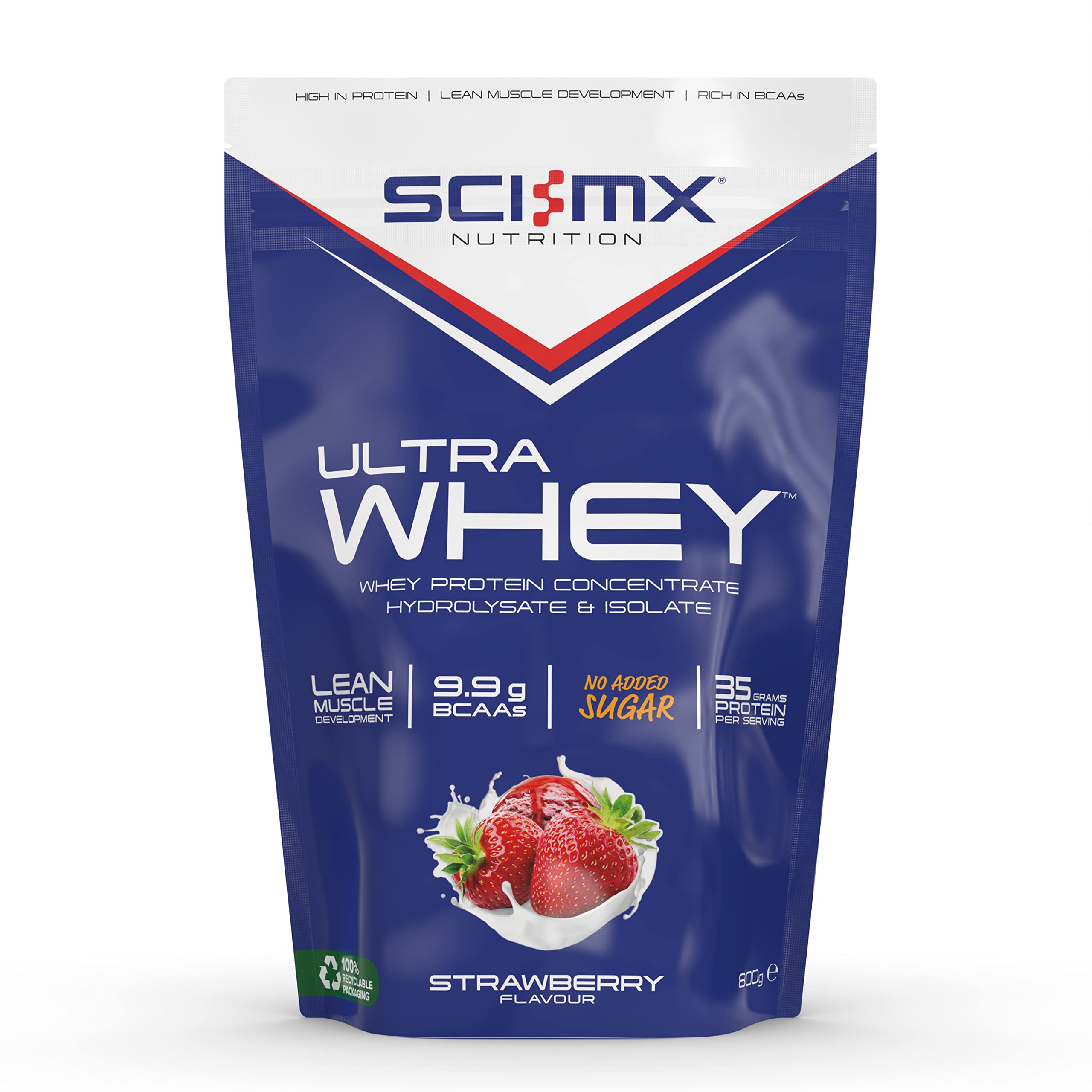 Vanilla flavored SCI-MX Ultra Whey protein powder pouch for muscle gain