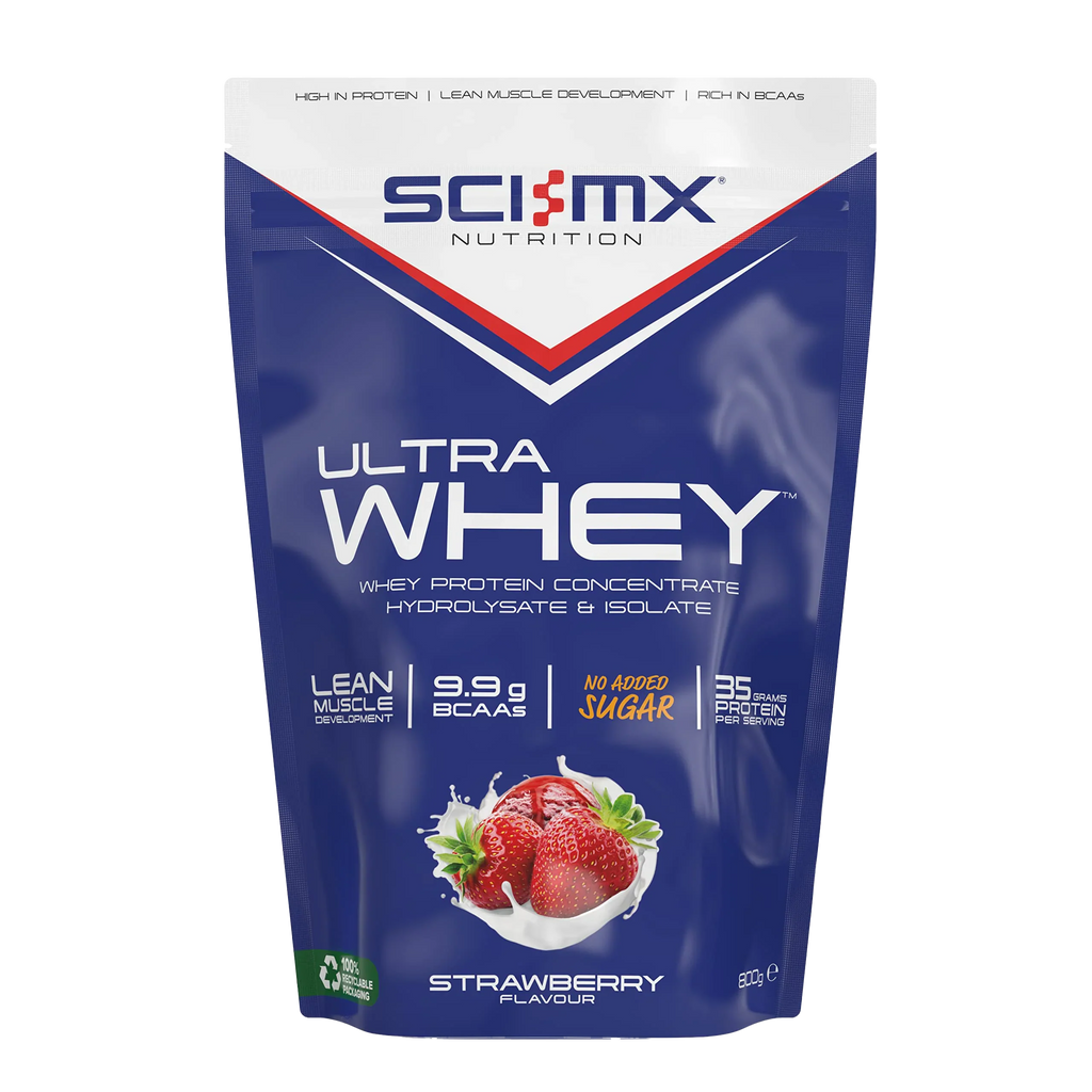 Pouch of strawberry-flavored sci-mx ultra whey protein powder for muscle gains