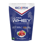 Pouch of strawberry-flavored sci-mx ultra whey protein powder for muscle gains