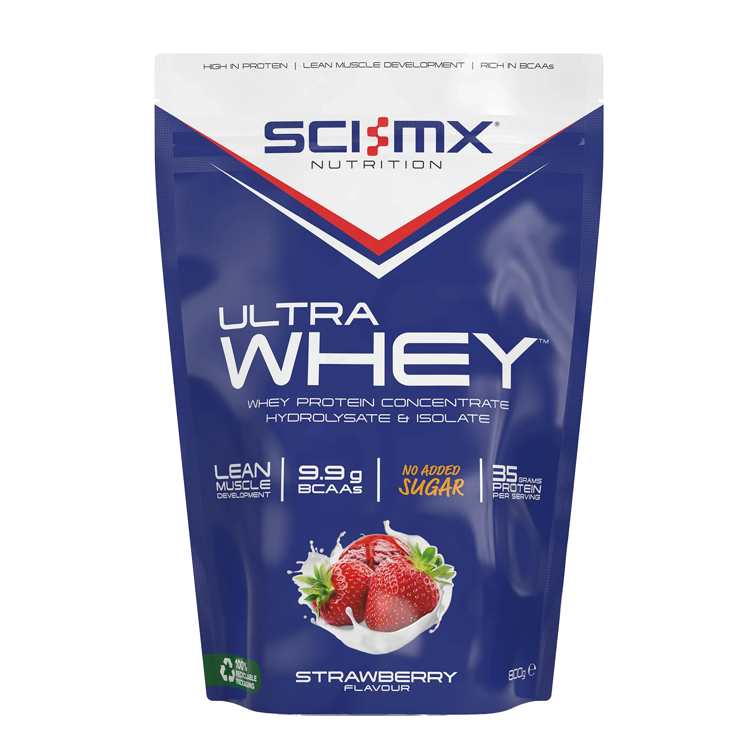 Pouch of strawberry-flavored sci-mx ultra whey protein powder for muscle gains
