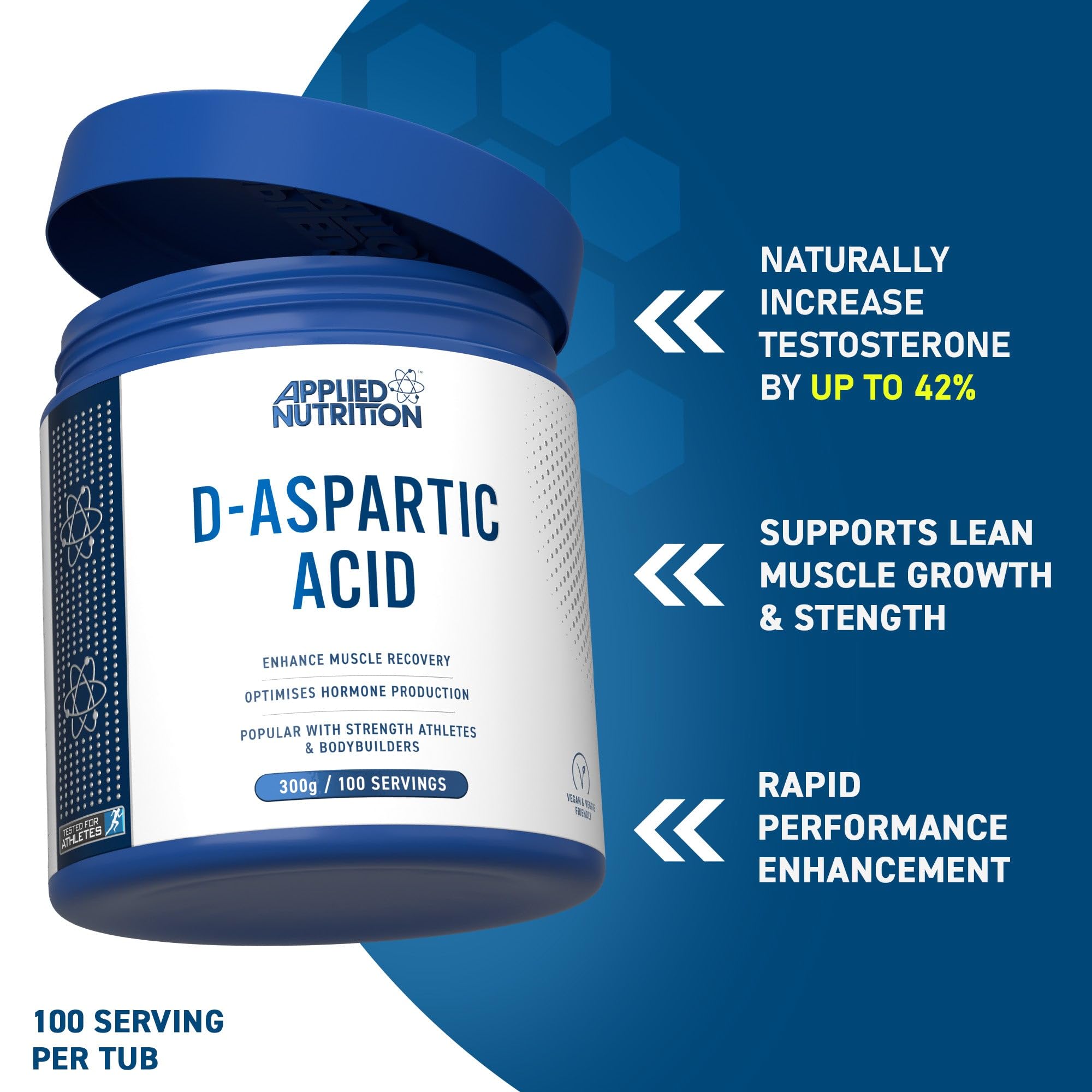 Blue and white Applied Nutrition D-Aspartic Acid supplement for muscle and testosterone boost