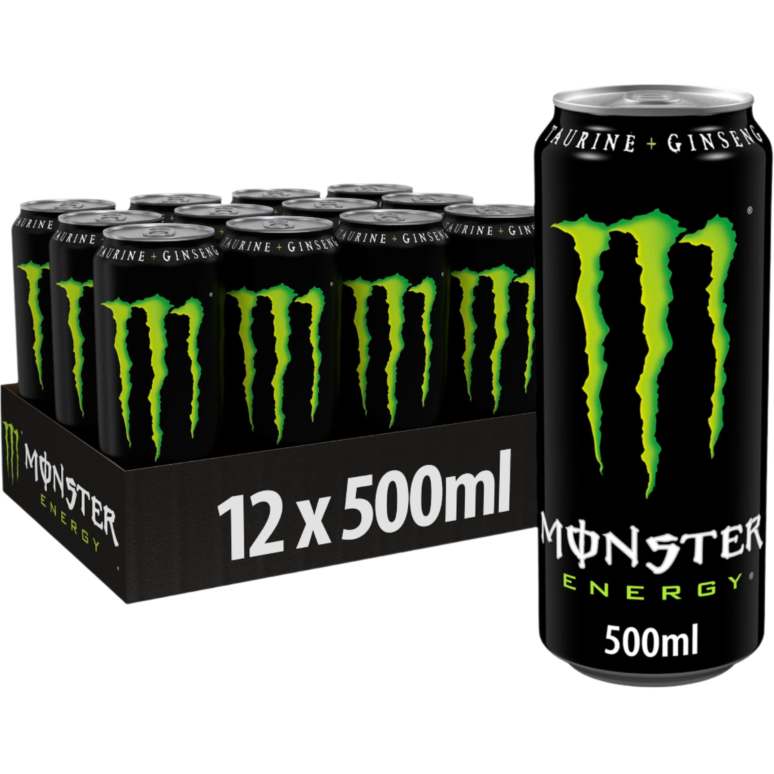 Monster Energy 12-pack with essential vitamins and maximum refreshment, one can displayed