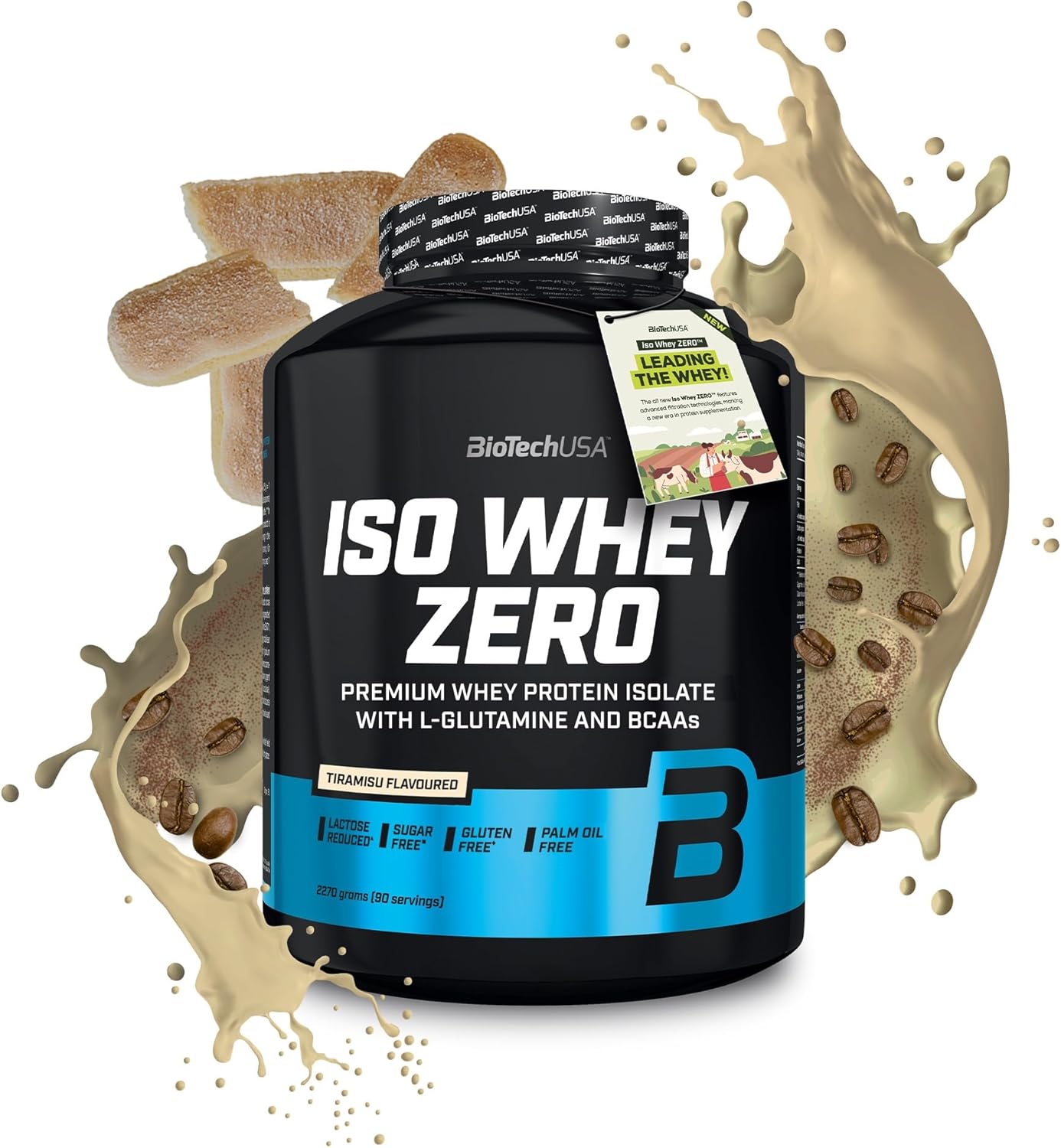 Black container of Biotech USA Iso Whey Zero Lactose Free Tiramisu Protein Powder