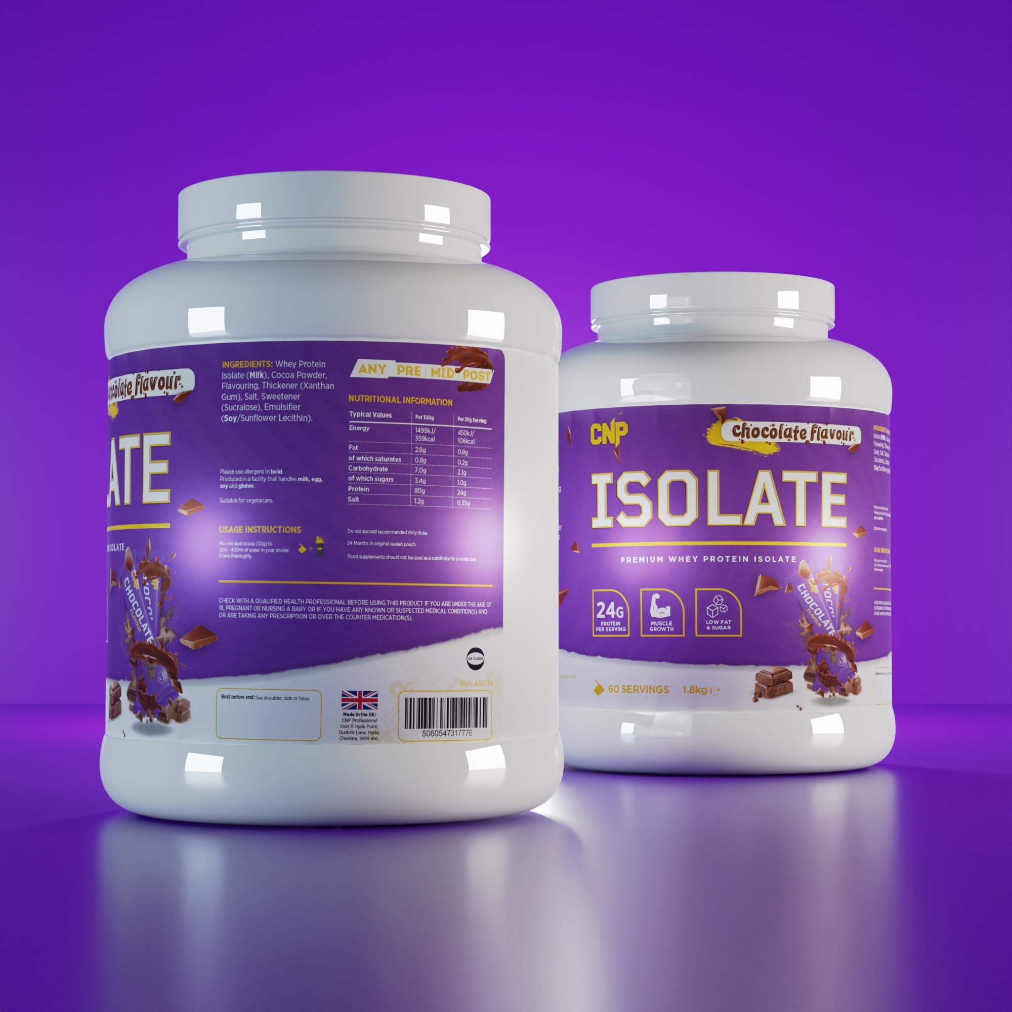 Two CNP Isolate containers of whey protein isolate with essential amino acids for muscle growth