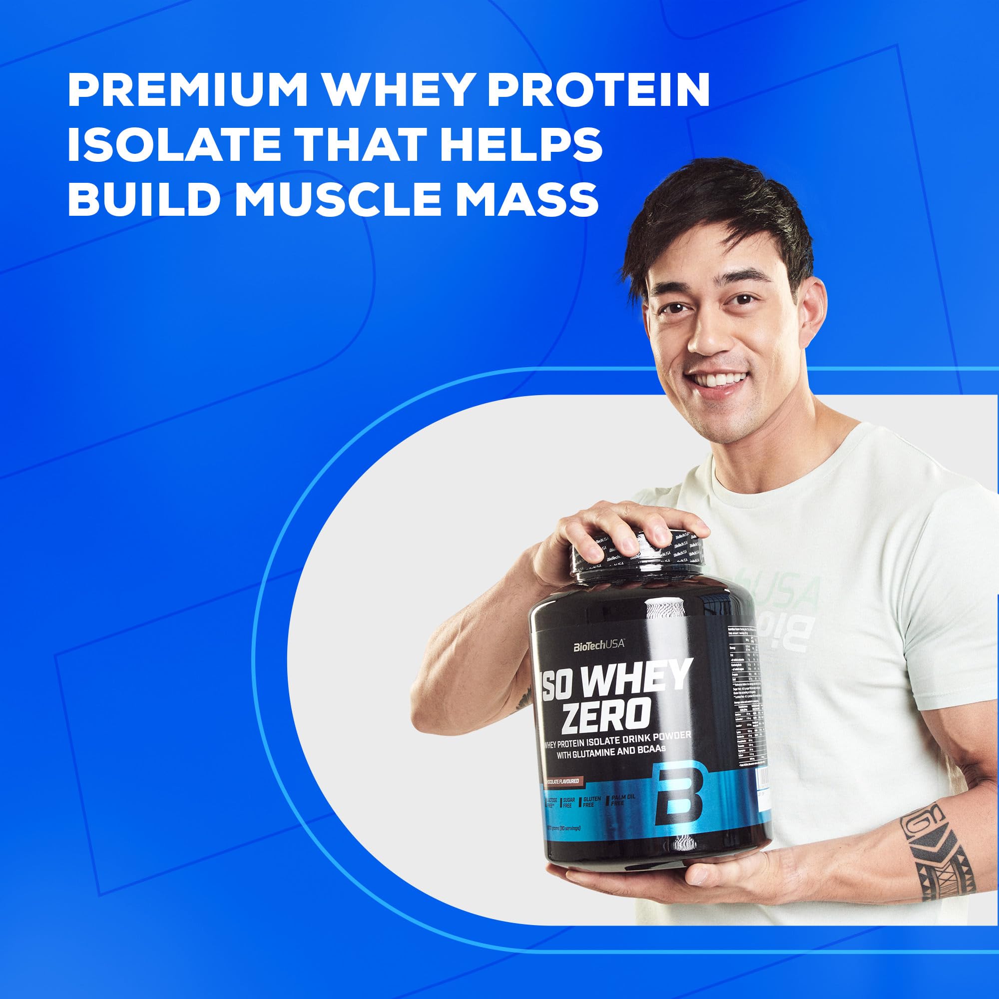 Man holding Biotech USA Iso Whey Zero Lactose Free protein container for muscle gains