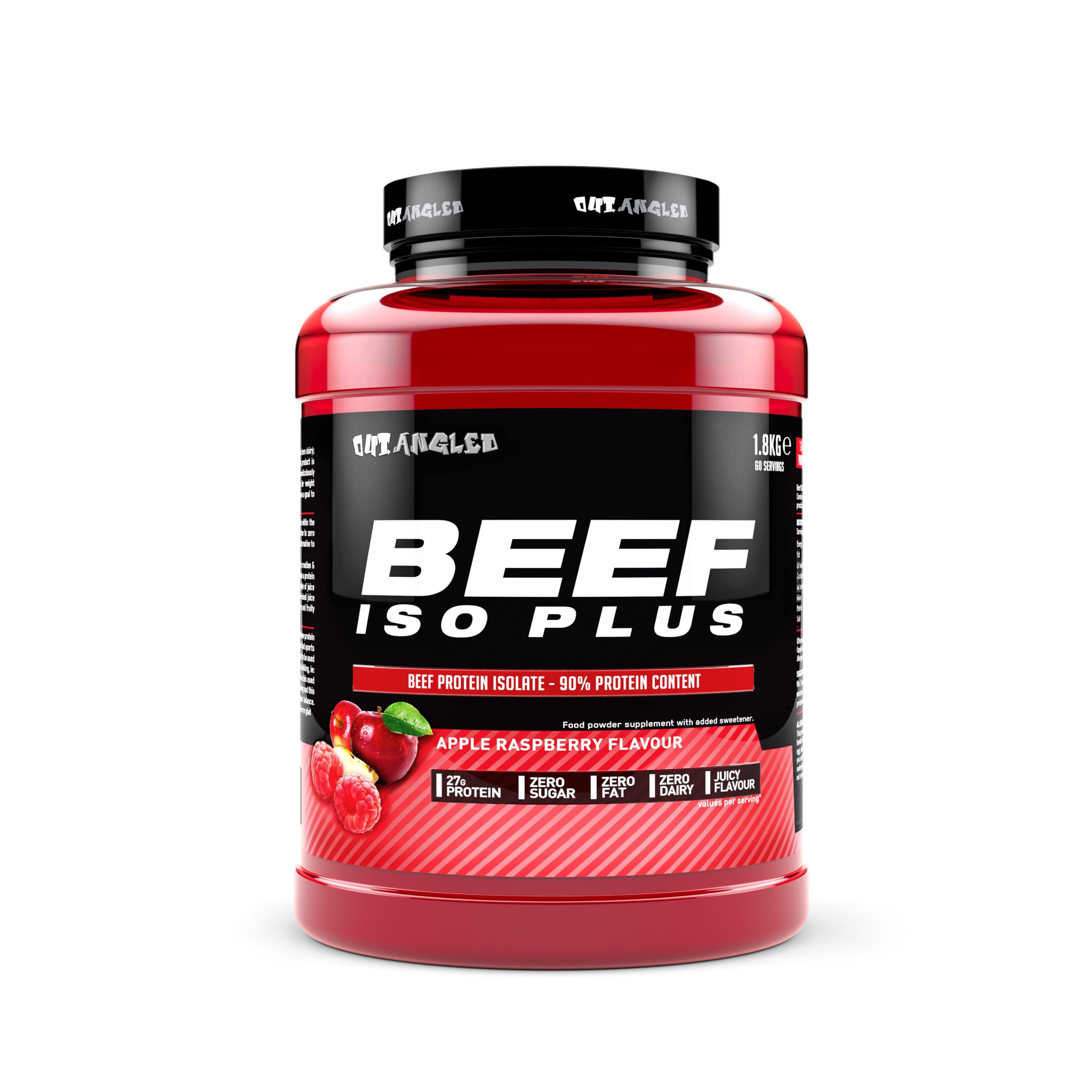 Red tub of Outangled Beef Iso Plus beef protein isolate powder with apple raspberry flavor
