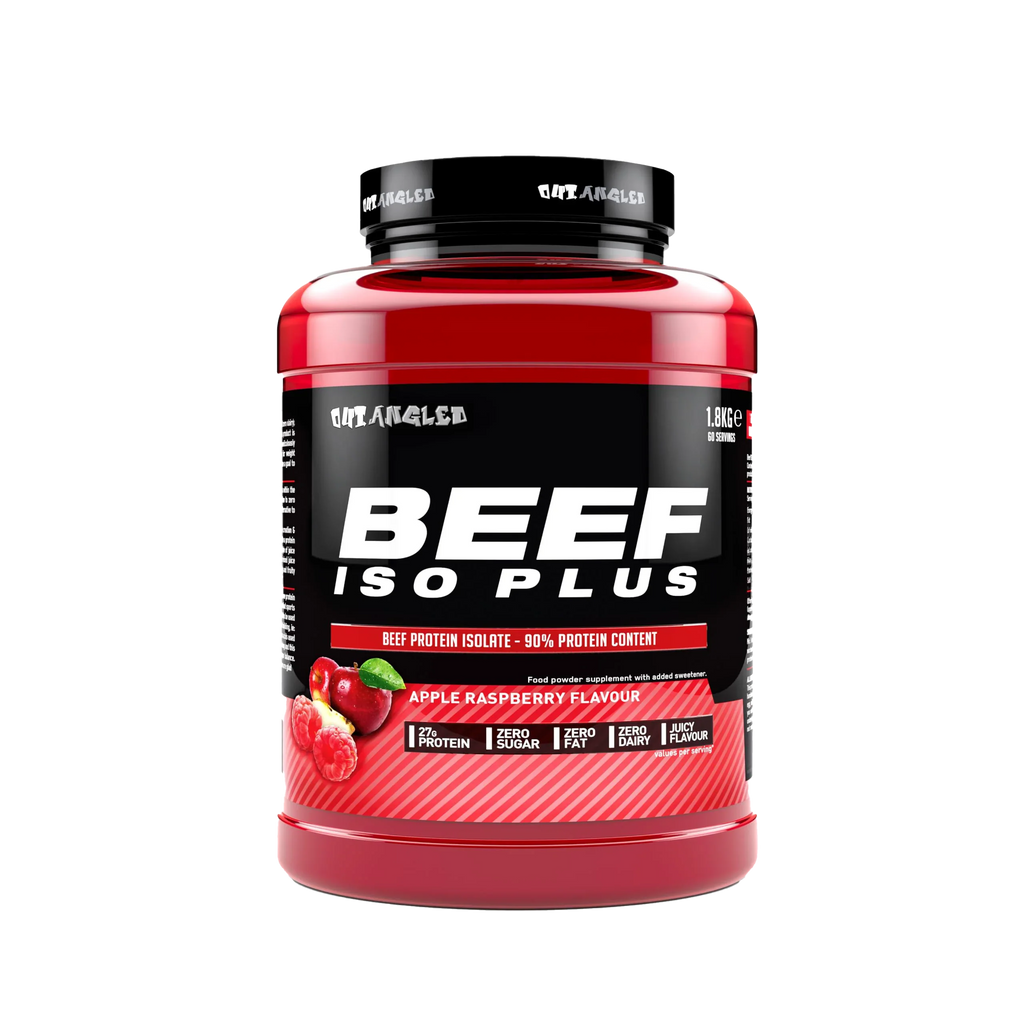 Red and black Outangled Beef Iso Plus container with apple raspberry flavor, beef protein isolate