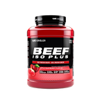 Red and black Outangled Beef Iso Plus container with apple raspberry flavor, beef protein isolate