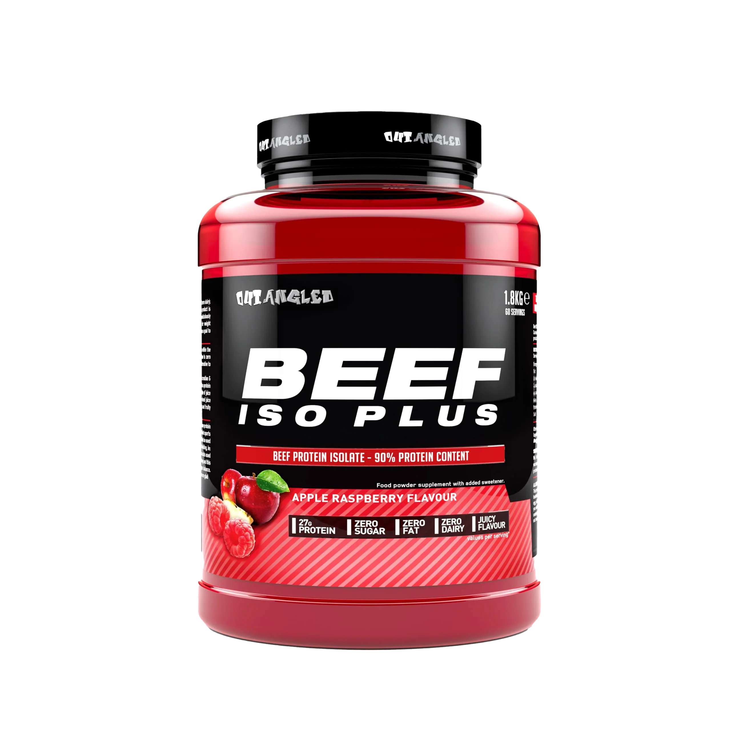 Red and black Outangled Beef Iso Plus container with apple raspberry flavor, beef protein isolate