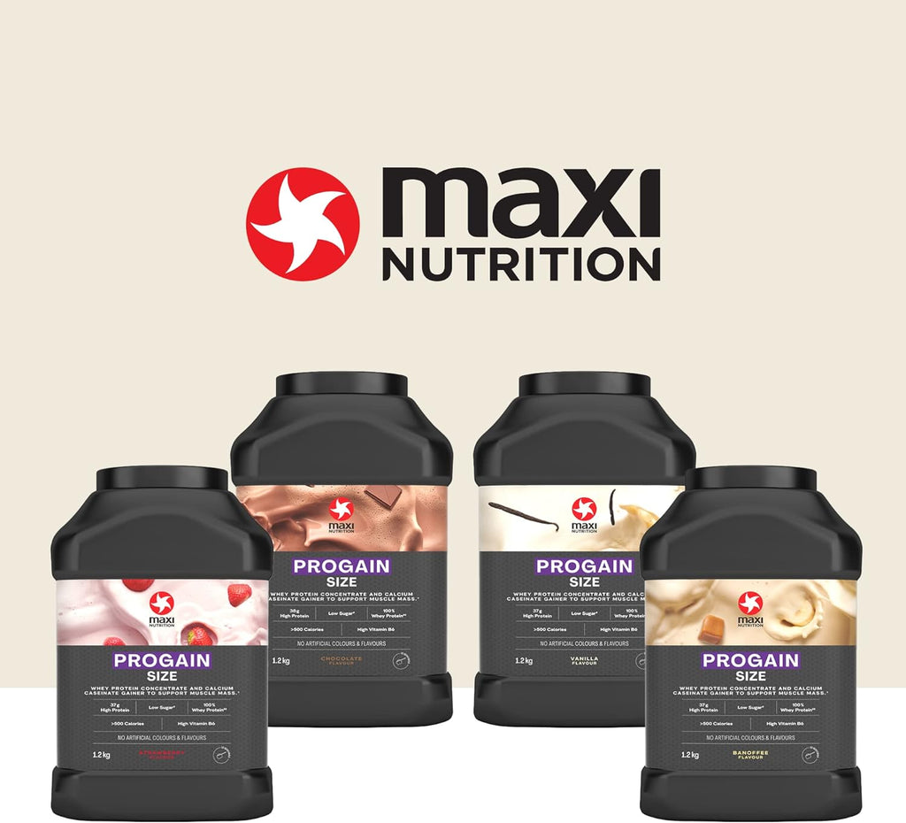 Four flavors of MaxiNutrition Progain 1.2kg high-quality whey protein containers with Informed Sport