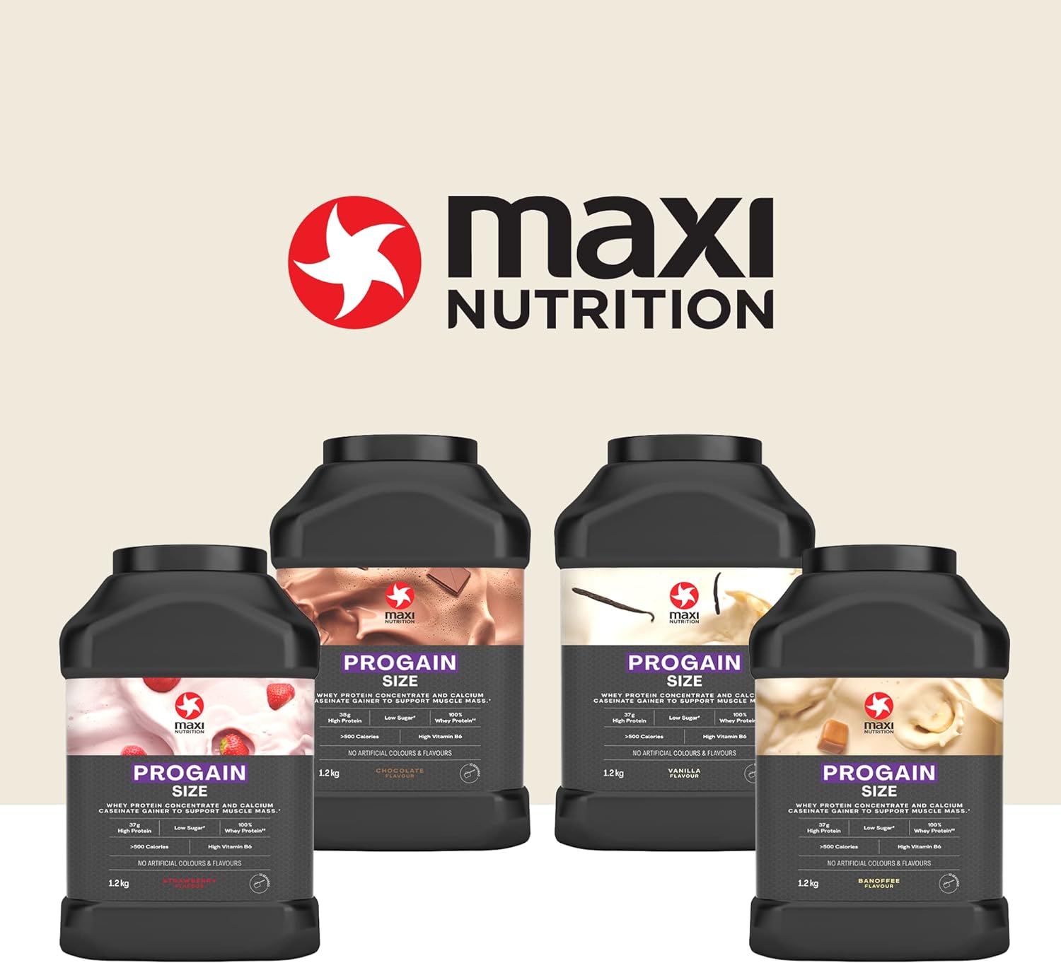 Four flavors of MaxiNutrition Progain 1.2kg high-quality whey protein containers with Informed Sport