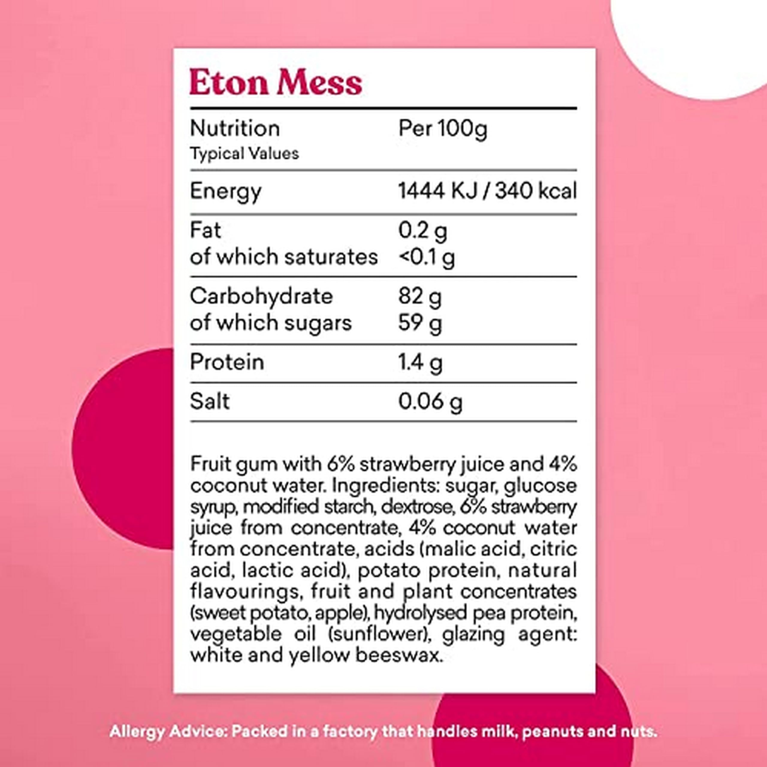 Nutritional label for Eton Mess fruit gum in Candy Kittens 10x140g Wanderlust pack