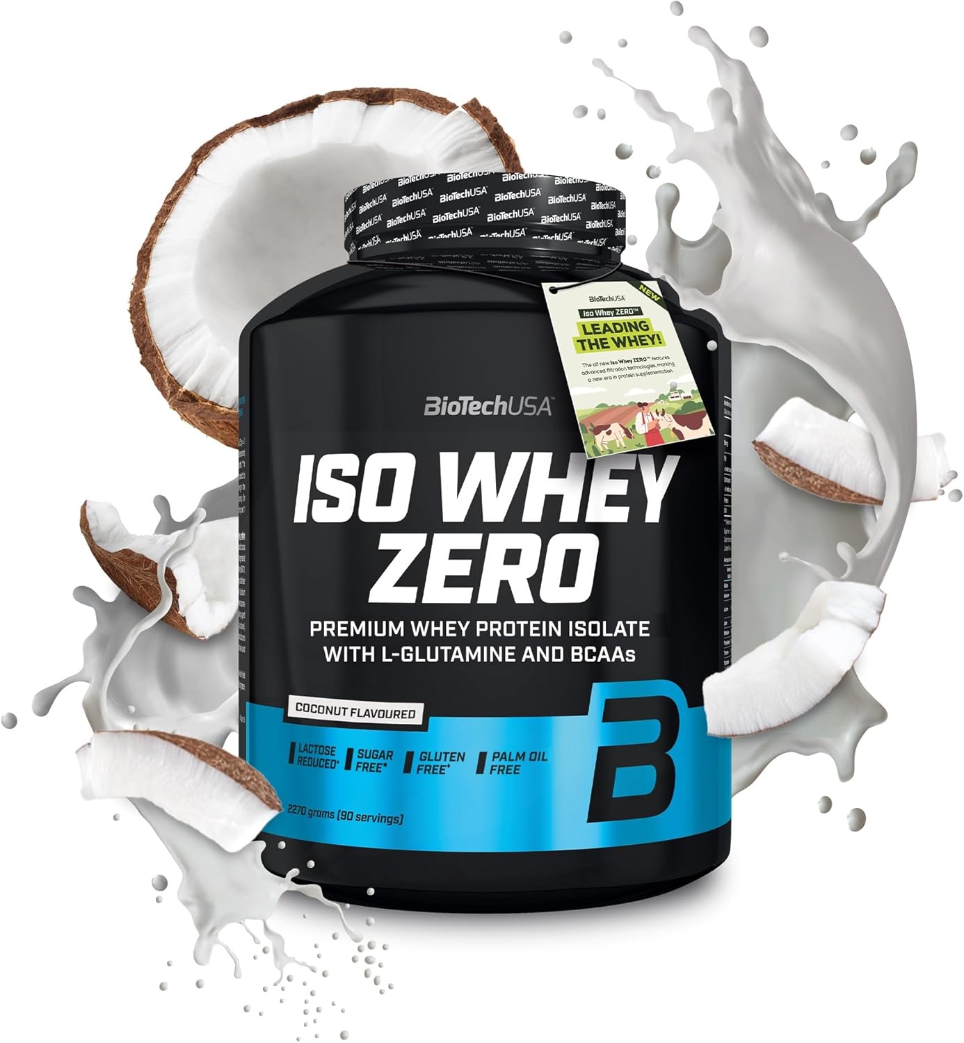 Black Biotech USA Iso Whey Zero Lactose Free protein powder tub with blue band