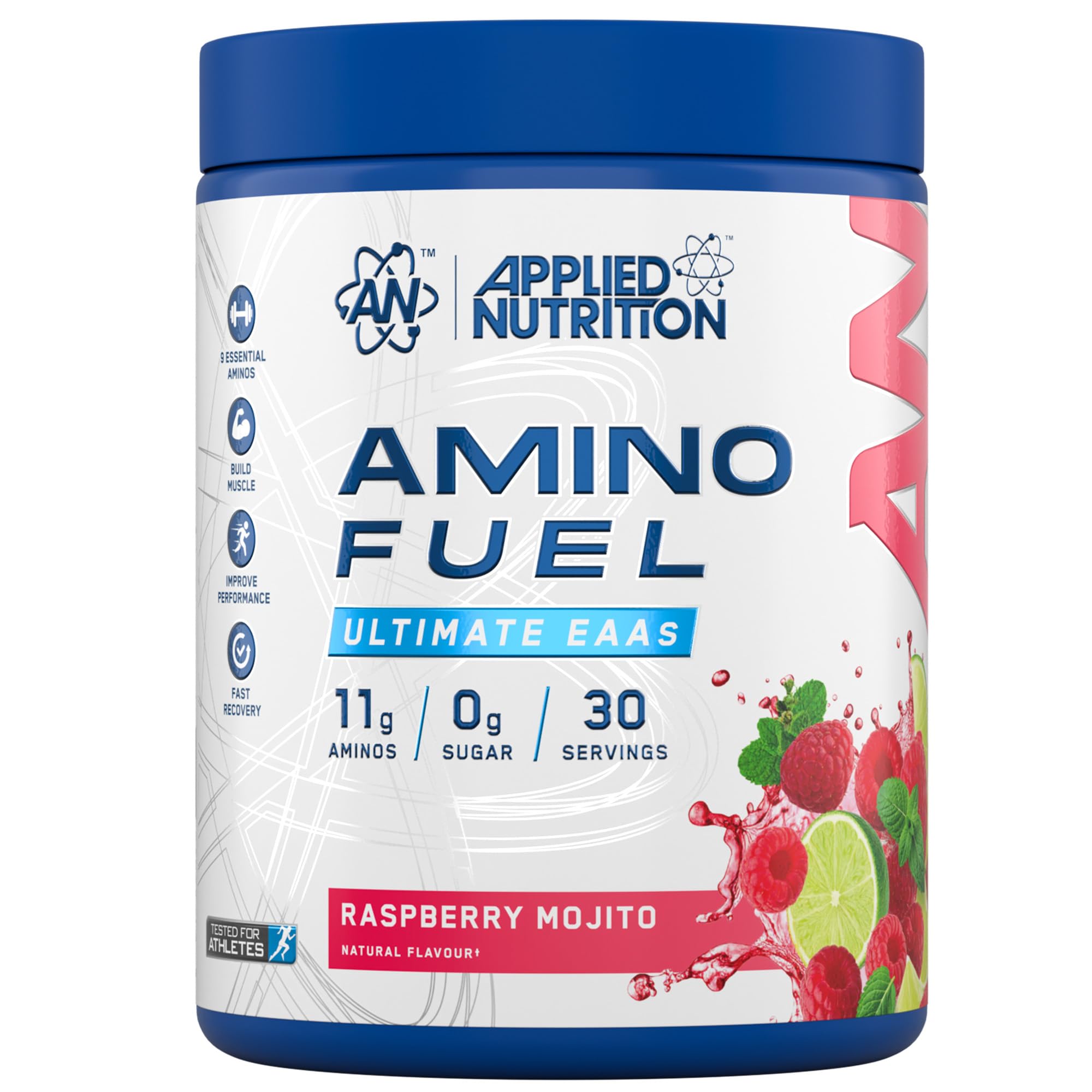 Blue and white Applied Nutrition Amino Fuel tub with raspberry mojito flavor for muscle recovery