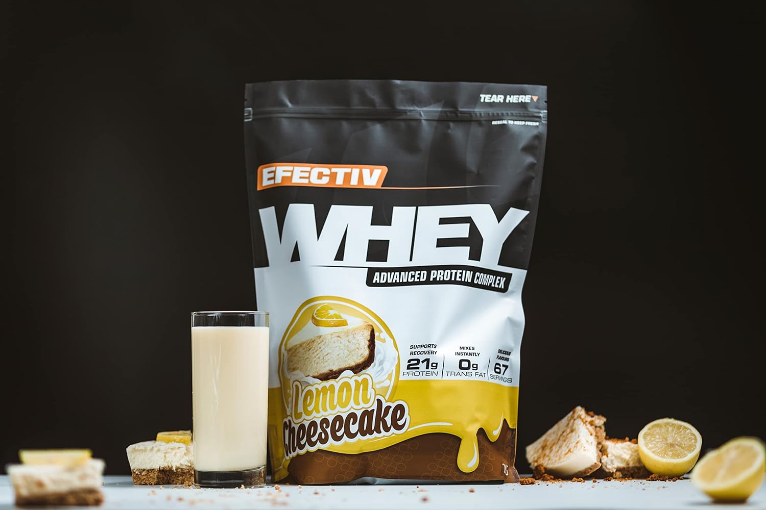 Efectiv Nutrition Whey Protein bag with lemon cheesecake flavor for lean muscle growth