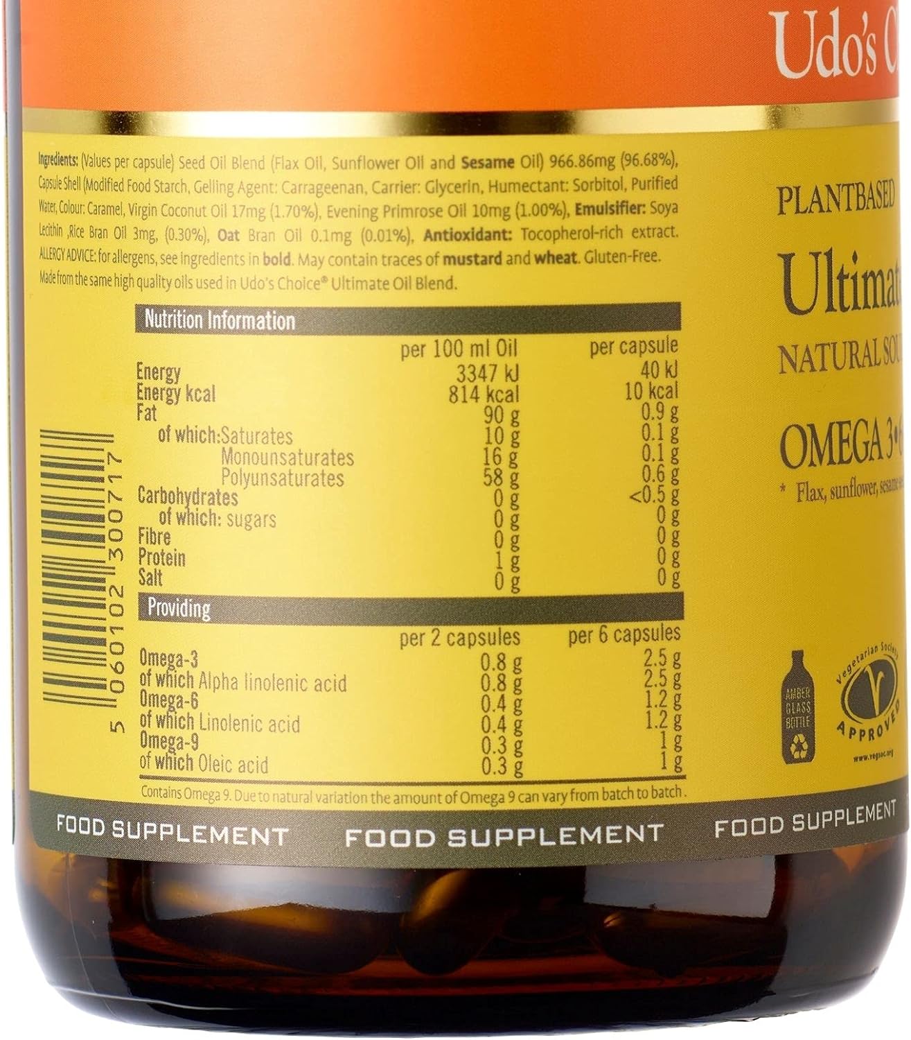 Bottle of Udo’s Choice Ultimate Oil Blend Caps supplement showing Udo’s Choice Ultimate oil