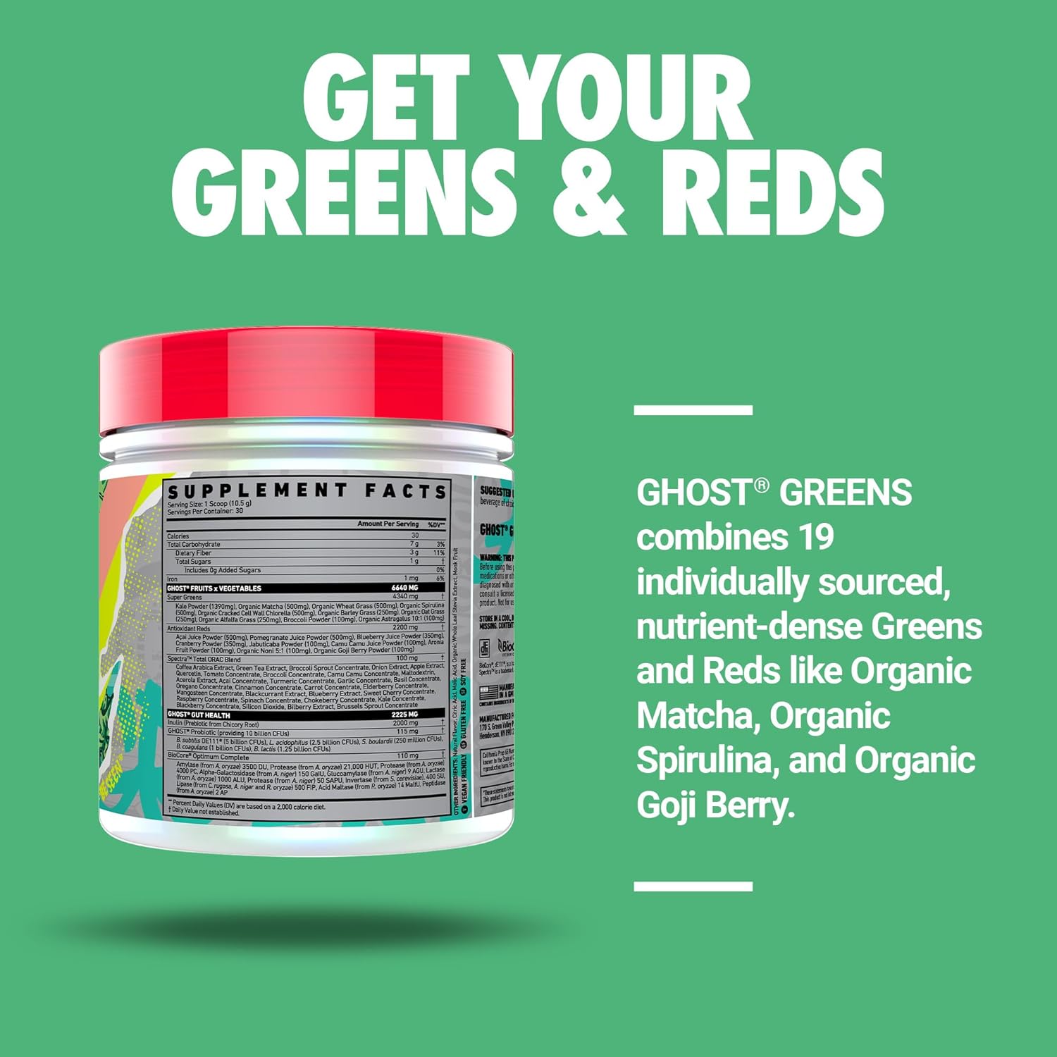 Ghost Greens dietary supplement container with ghost® greens, billion cfu, biocore® optimum