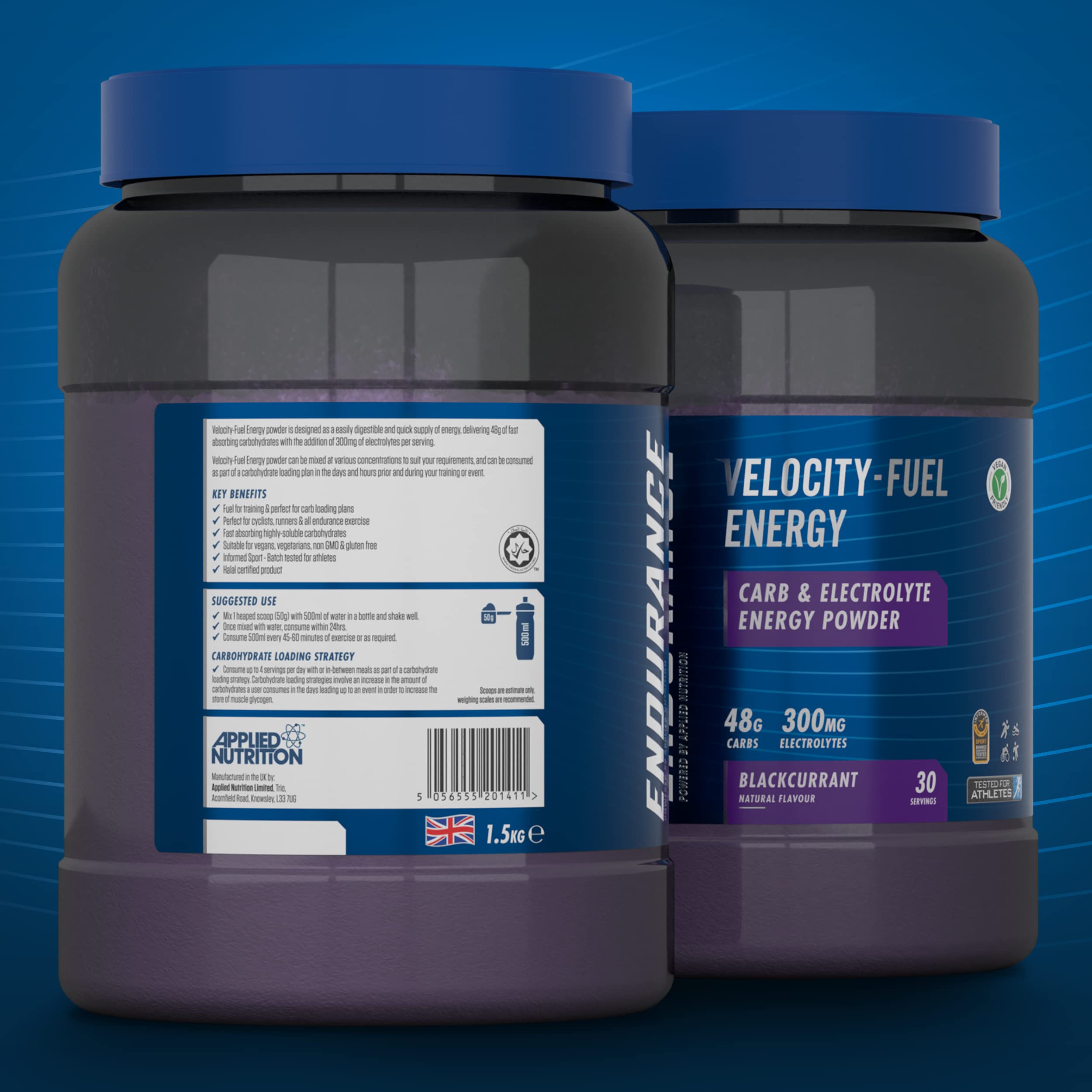 Blackcurrant flavored Applied Nutrition Endurance Carb & Electrolyte Energy powder containers