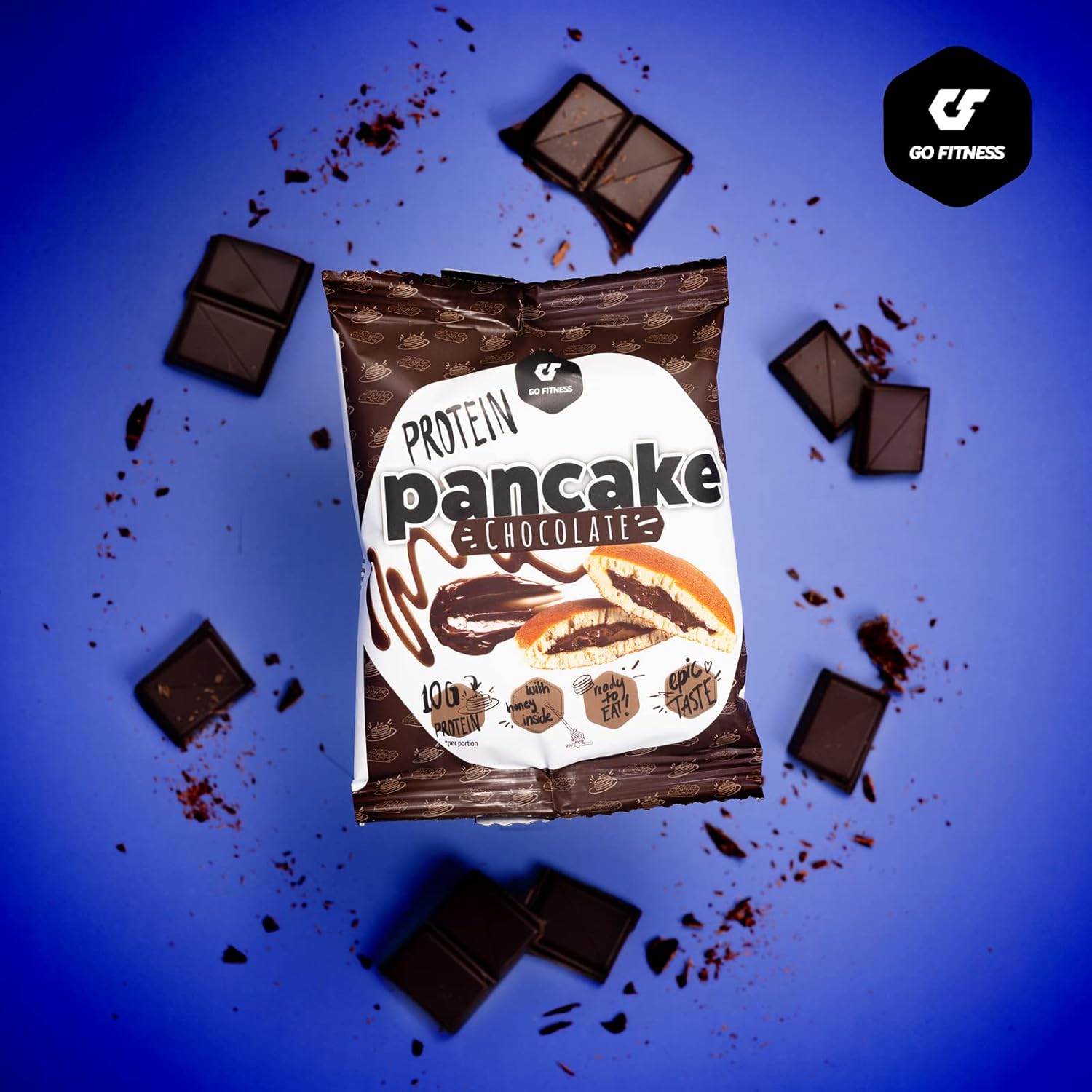 Brown and white Go Fitness Protein Pancake package with delicious whipped protein and soft pancakes