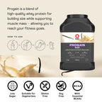 MaxiNutrition Progain black plastic container with high-quality whey protein for muscle mass