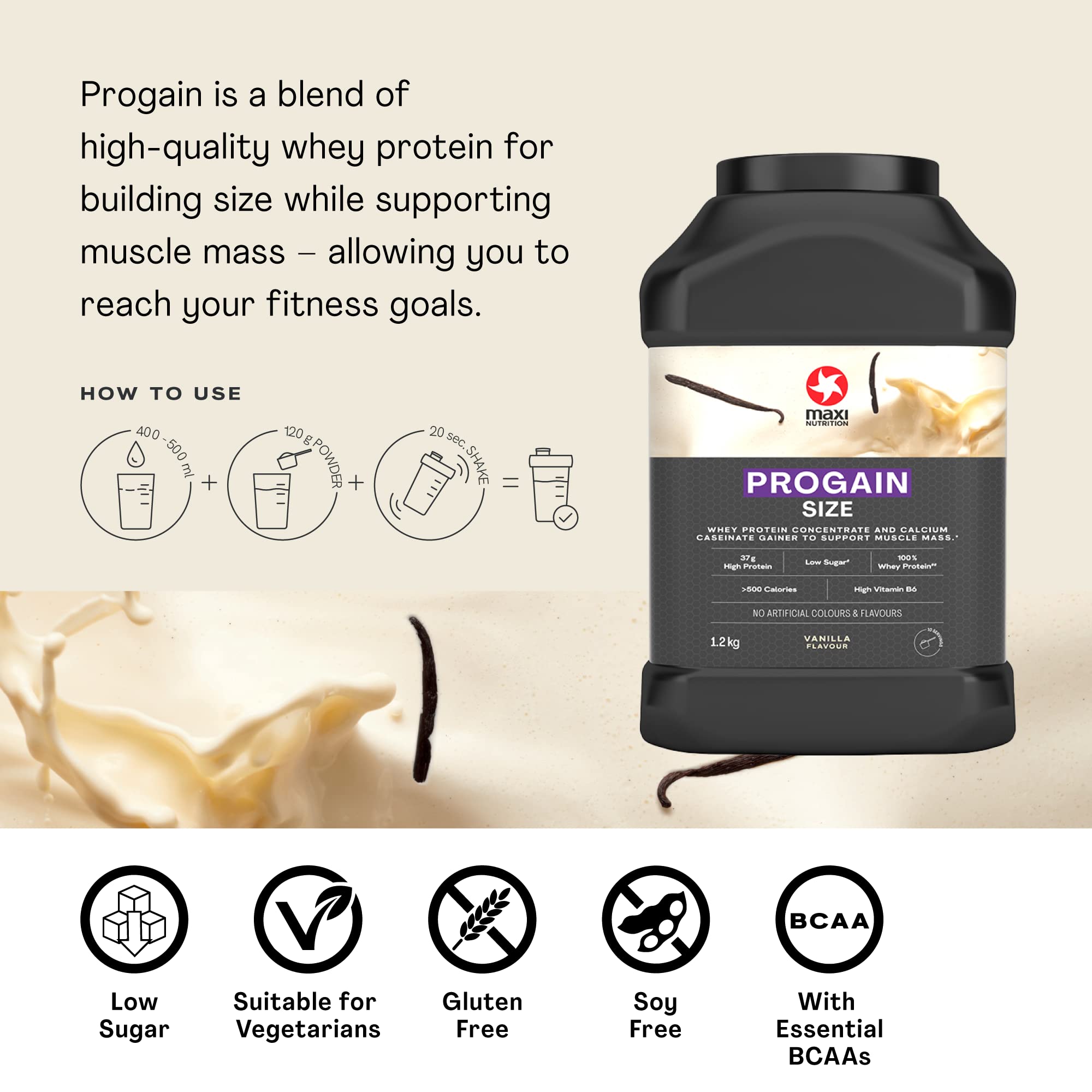 MaxiNutrition Progain black plastic container with high-quality whey protein for muscle mass