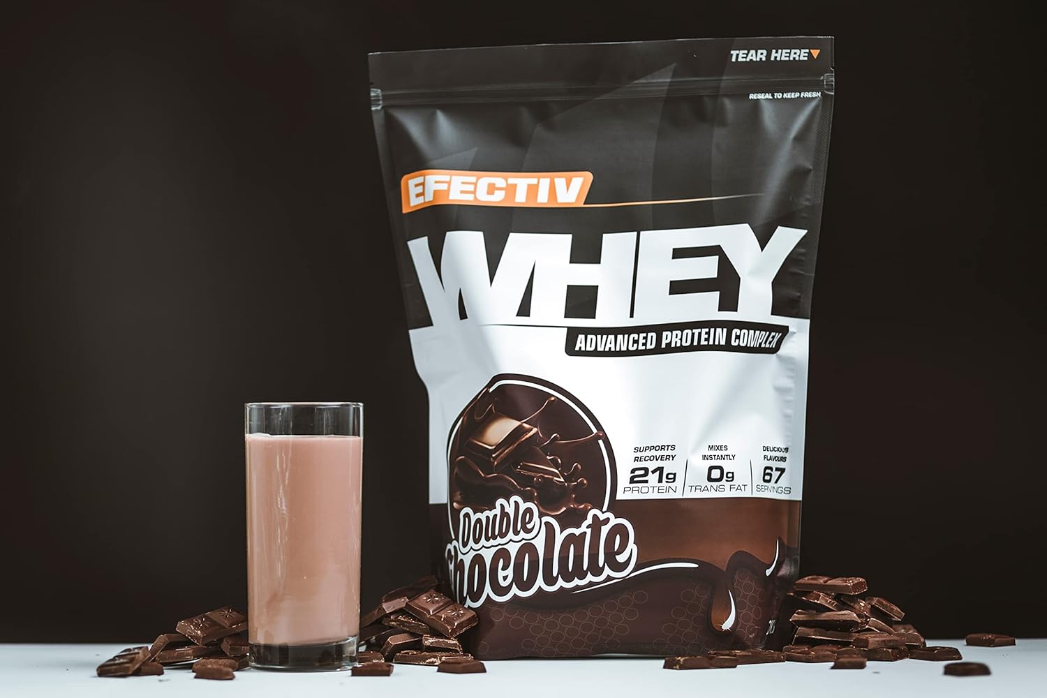 Efectiv Nutrition Whey Protein with Double Chocolate flavor, highly bioavailable whey for lean muscle