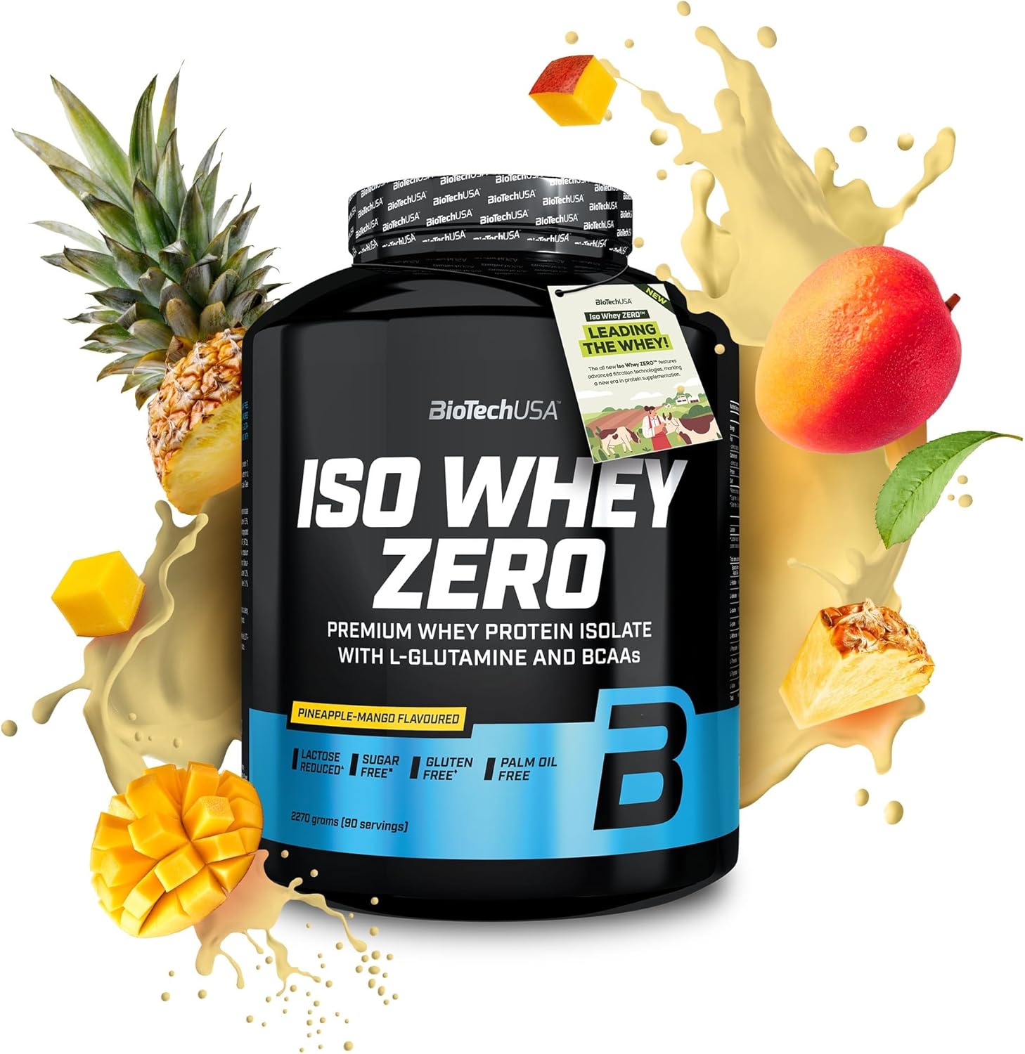 Container of pineapple mango Biotech USA Iso Whey Zero Lactose Free protein powder